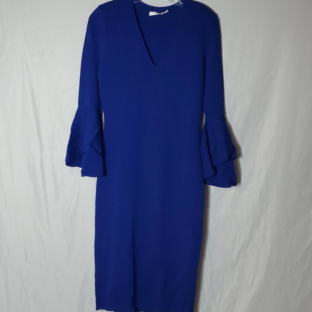 Blue knit dress.